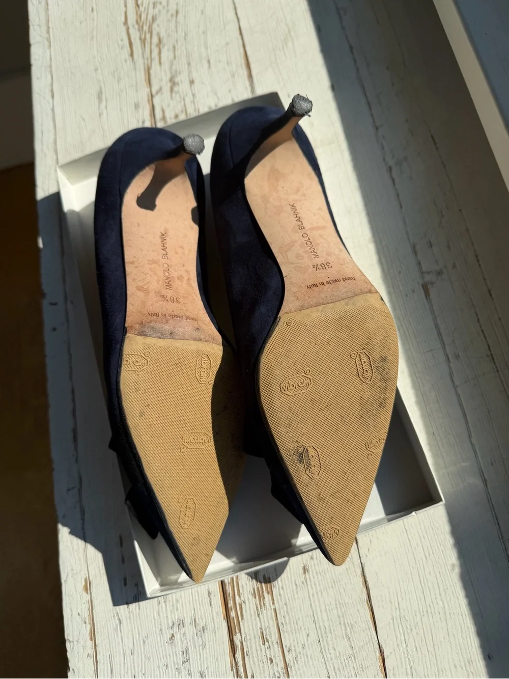 Manolo Blahnik Contina Navy Pointed-Toe Pumps with Black Bow